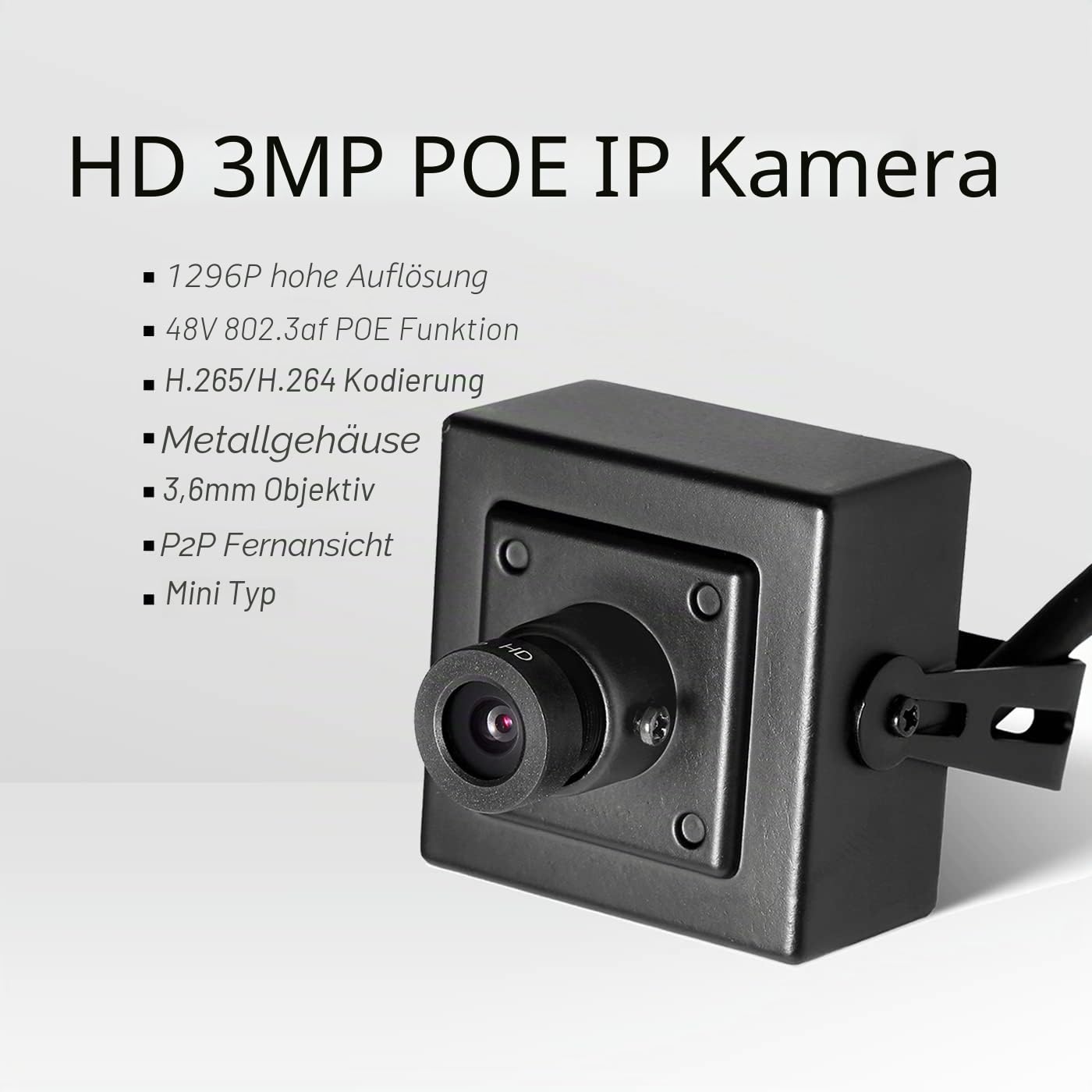 Mini POE IP Kamera mit Audio, Innen Sicherheit Kamera P2P Remote View 3MP HD CCTV Video überwachung H.265 H.264 (I706-P-Audio Schwarz)