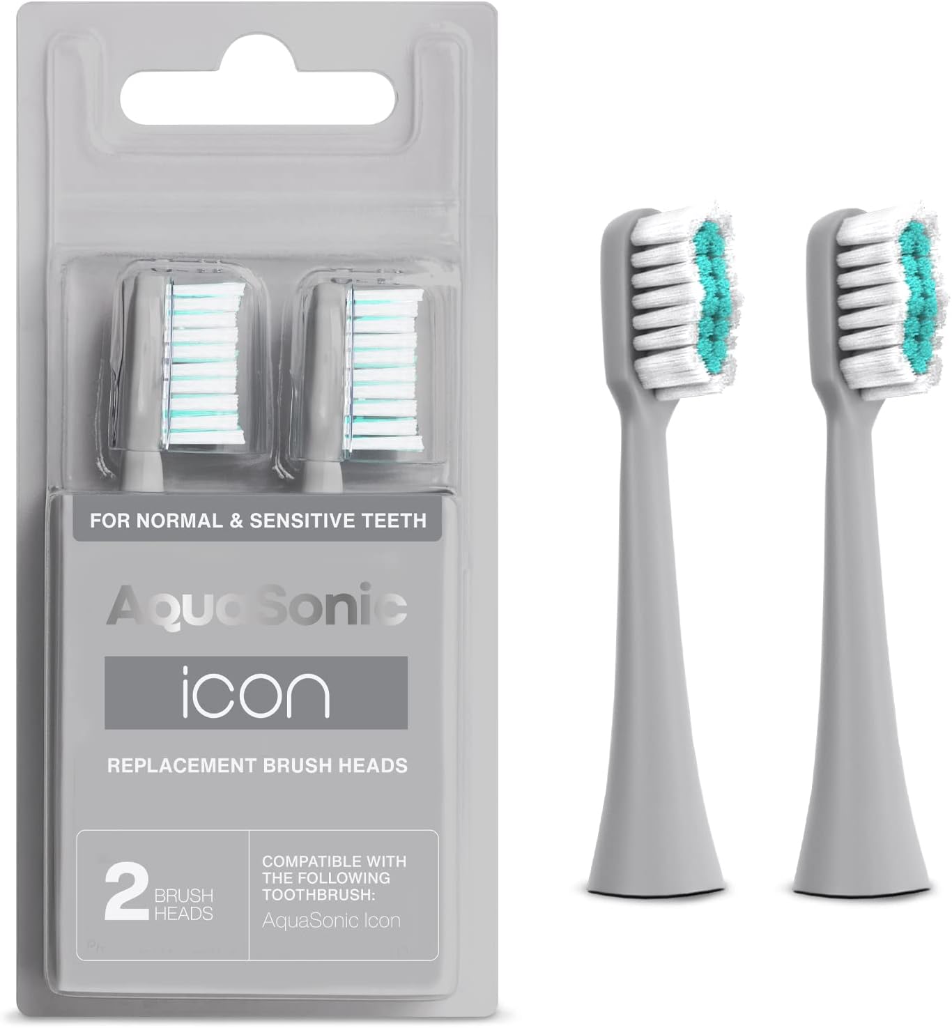 AquaSonic Genuine Icon Replacement Brush Heads | Compatible with AquaSonic Icon Toothbrush | 2 Brush Heads | for Normal & Sensitive Teeth (Stone)