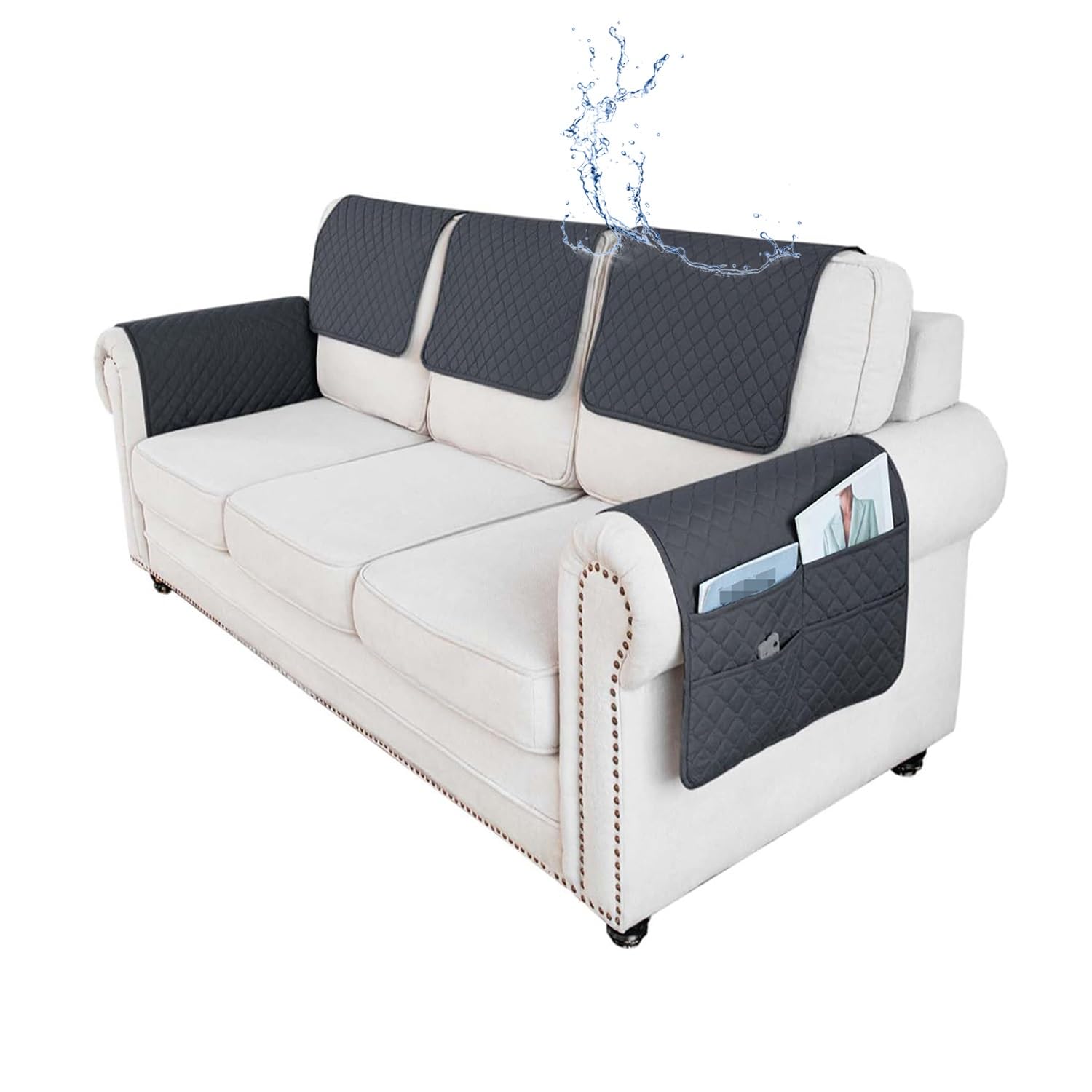 ILiemao 3 or 4 or 5 Pieces Sofa Headrest Cover for Recliner Chair with Storage Pockets Non Slip Armrest Cover Fuzzy Couch Cover Washable Furniture Protector(F6,5 piece set)