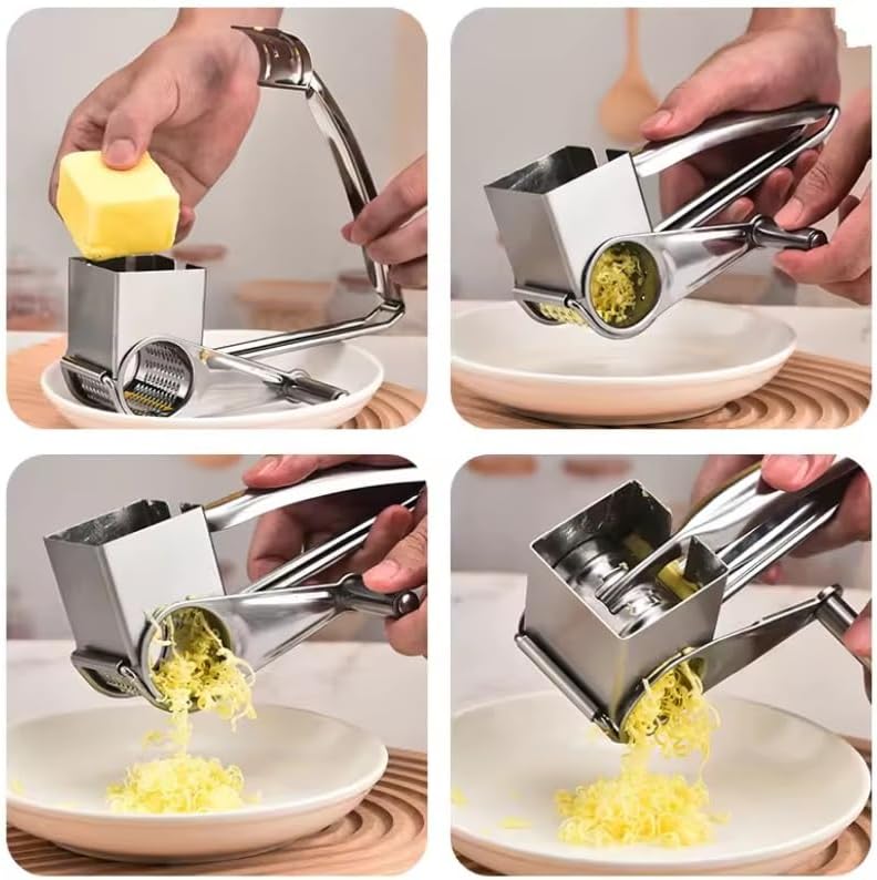 Stainless Steel Rotary Cheese Grater With4/3/2/1Interchangeable Blades Manual Hand Crank Shredder With Strong Suction Base Multi-Functional Kitchen Tool For Vegetables Chocolate Nuts(Single Planer)