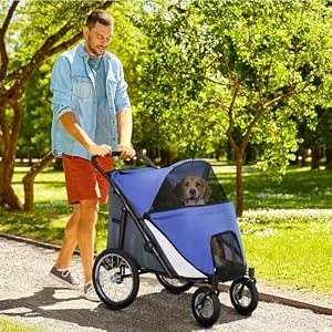 PawHut Pet Stroller for Medium and Large Dogs and Cats, Easy Fold Dog Stroller with Storage Bags, Washable Cushion, Safety Leash for Outdoor Travel, Blue PawHut Pet Stroller for Medium and Large Dogs and Cats, Easy Fold Dog Stroller with Storage Bags, Washable Cushion, Safety Leash for Outdoor Travel, Blue