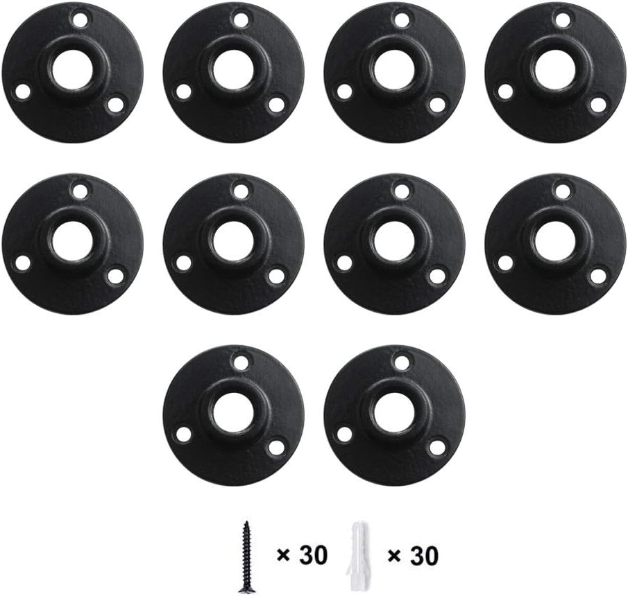 GeilSpace Floor Flange, Malleable Iron Pipe Fittings - Vintage DIY Industrial Shelving, Industrial Decor, Furniture DIY (1/2", Black)