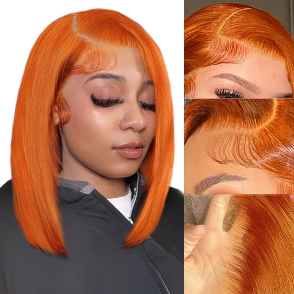 Ginger Bob Lace Front Wigs Human Hair 13x4 HD Lace Front Wigs 150% Density Colored Straight Short Bob Wig Ginger Orange Bob Lace Front Human Hair Wigs Pre Plucked Natural Hairline With Baby Hair14inch