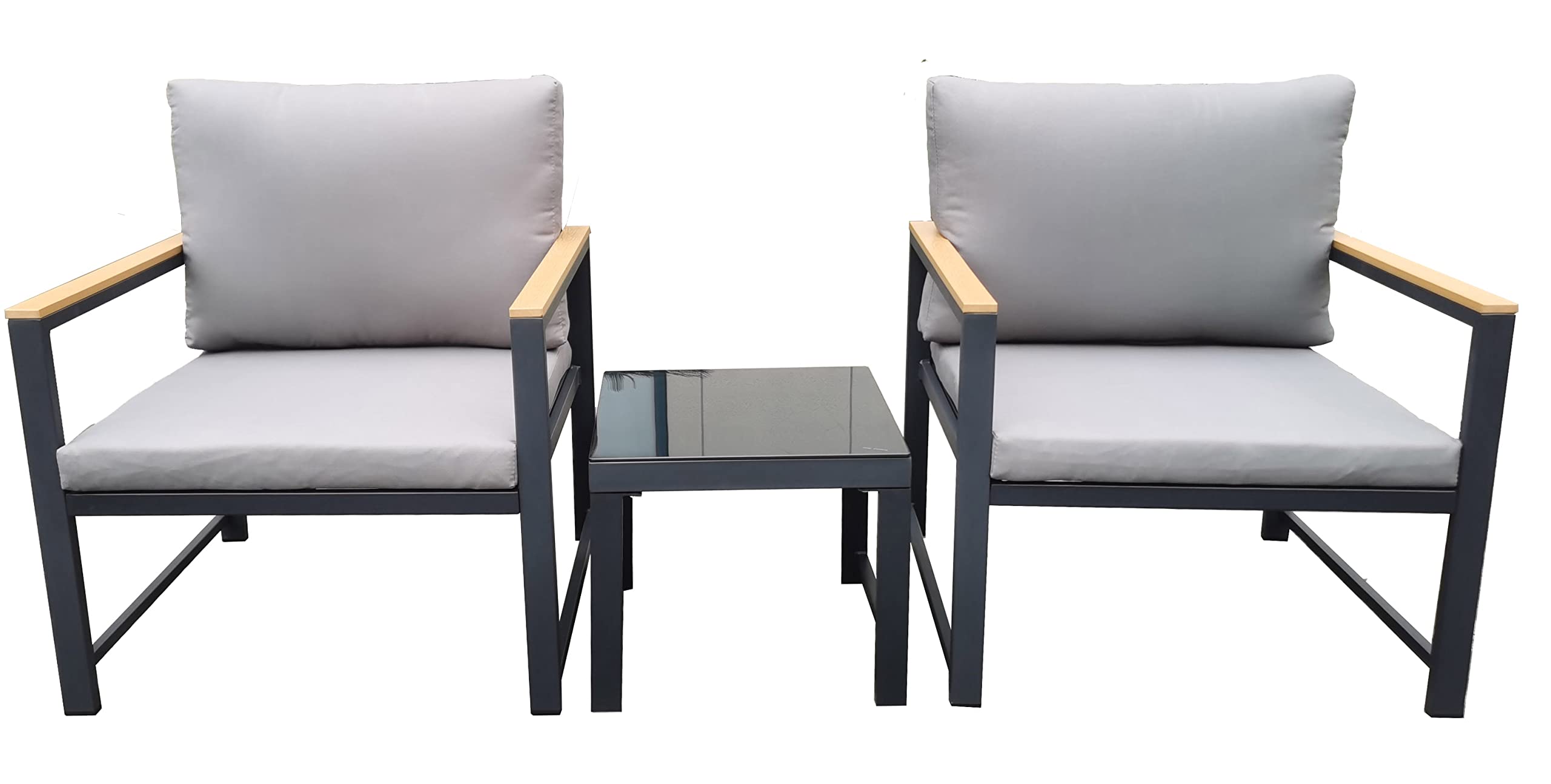Set salotto da giardino esterno ZANTE, composto da 2 poltrone e un tavolino con piano in vetro, struttura in acciaio colore antracite, cuscini imbottiti inclusi colore grigio