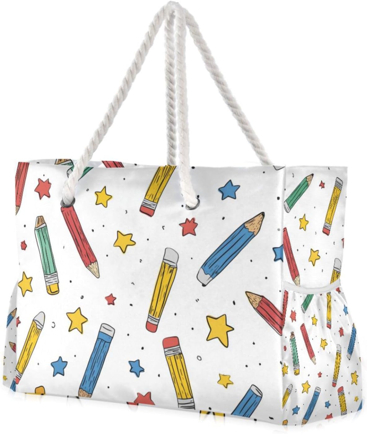 OTVEE Hand-drawn Colorful Pencils Pattern Beach Bags for Women Ladies Large Canvas Tote Shoulder Bag Waterproof Travel Bags for Gym Swim Pool Camping