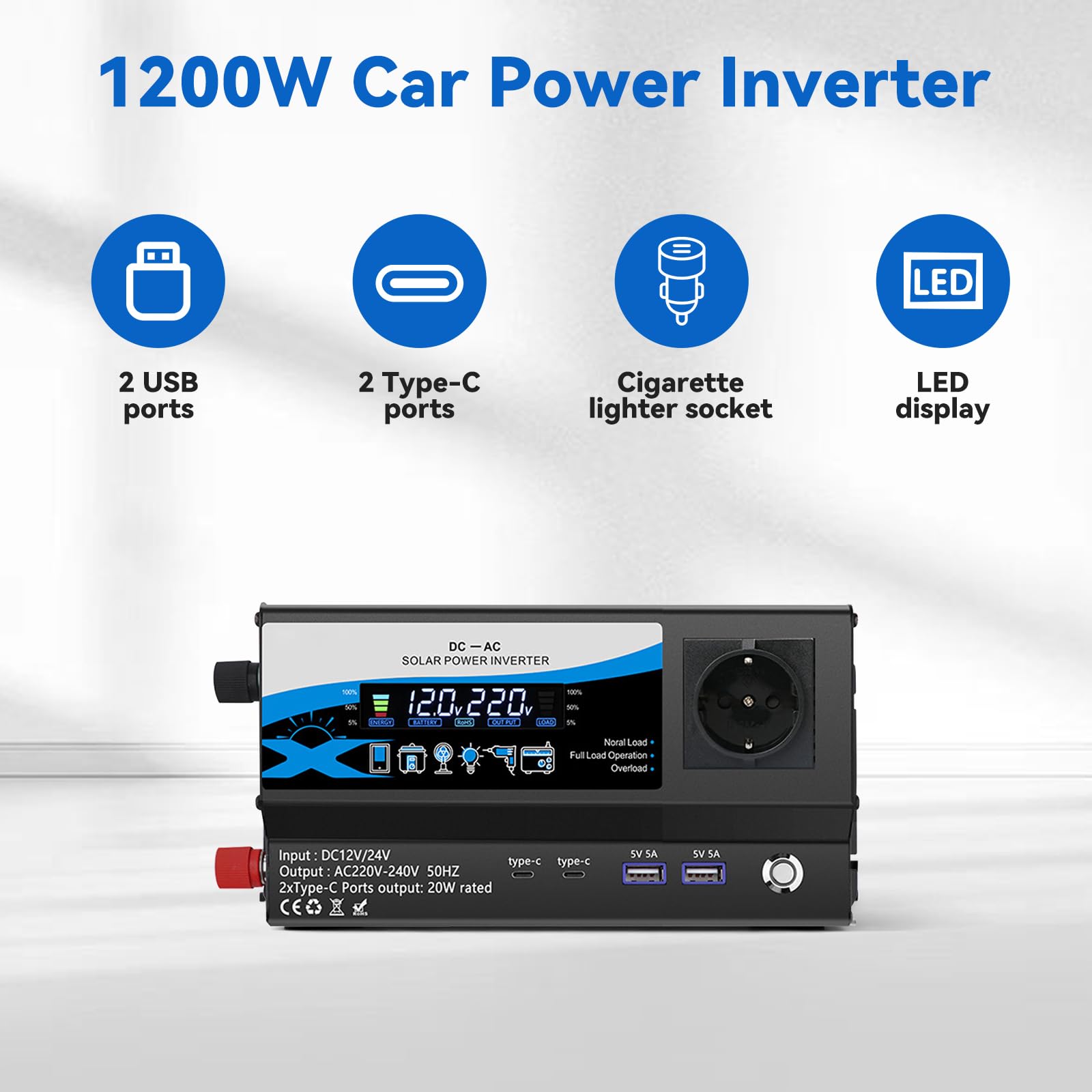 Inverter 12V/24V a 220V 1200W, Invertitore di Tensione per Auto con 2 Prese AC, 2 USB & 2 Type-C, Accendisigari e Display LED, per Camper e Campeggio