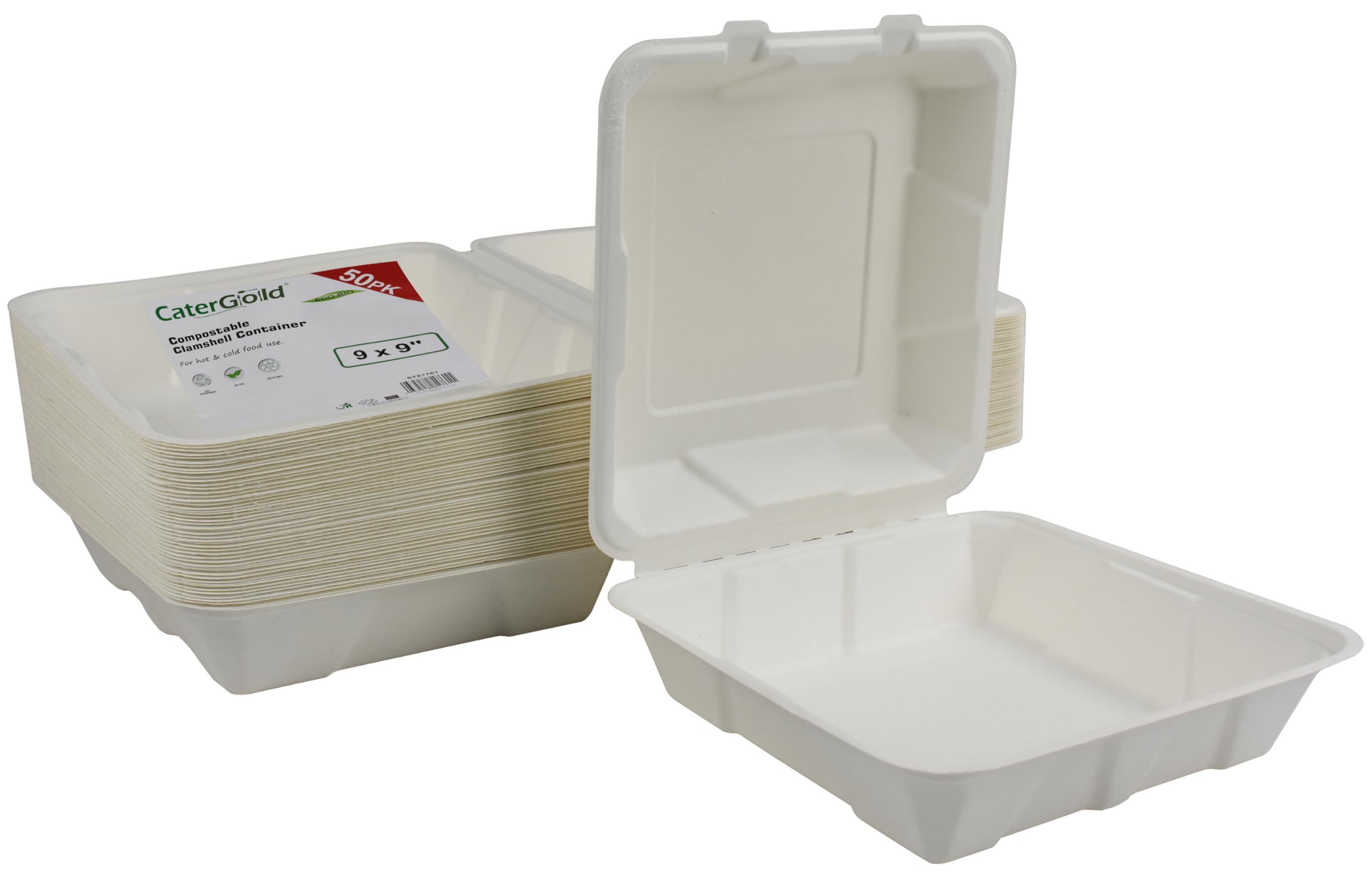 Catergold White Strong Hinged Clamshell Takeaway Container Boxes Biodegradable Bagasse Sugarcane 50Pk (9 X 9 (23Cm))