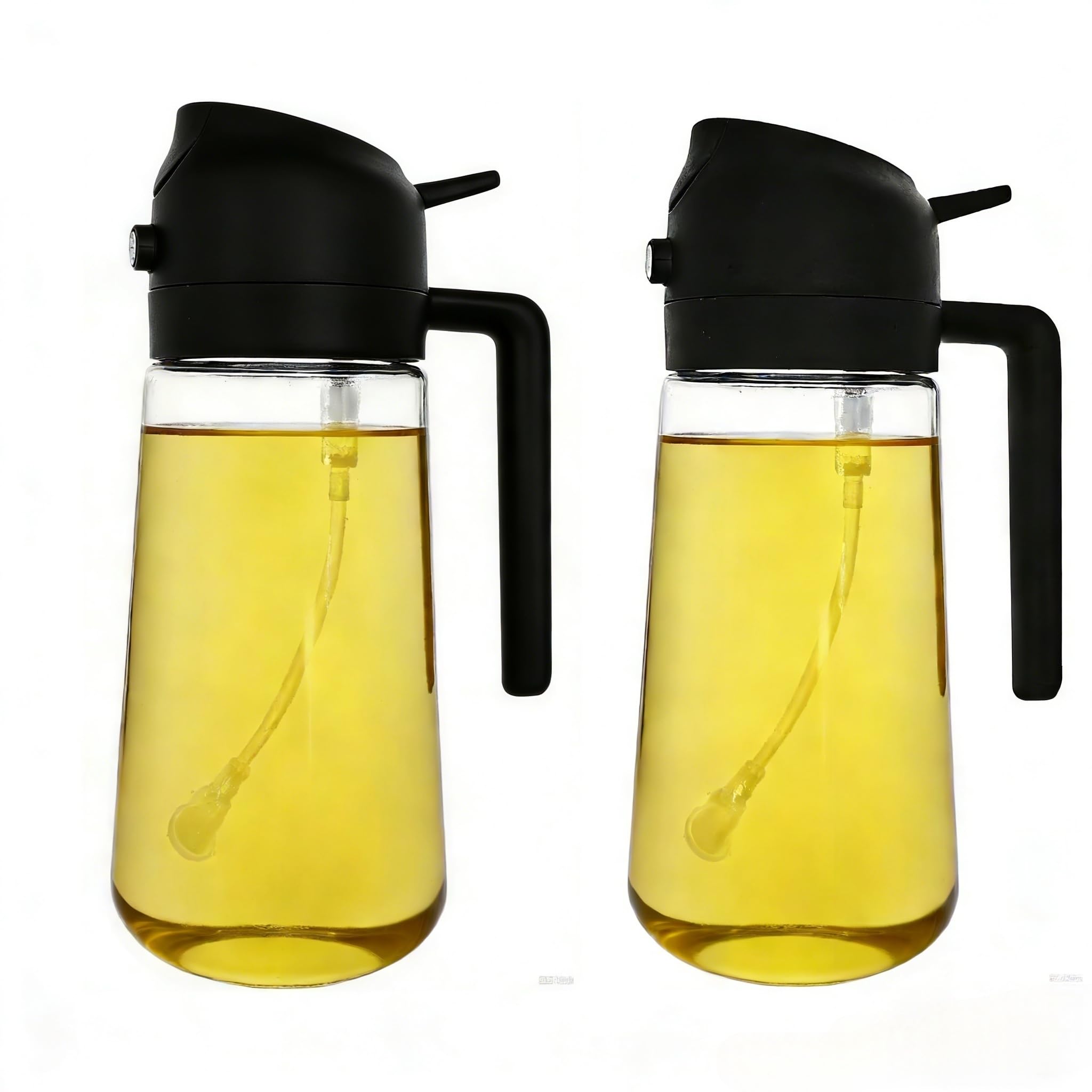 ZHIYE 2 Pack Oil Spray Bottle for Cooking, 500ML 2 in 1 Olive Oil Dispenser Sprayer for Kitchen, Premium Clear Glass Oil Pots for Air Fryer, BBQ, Salad, Black