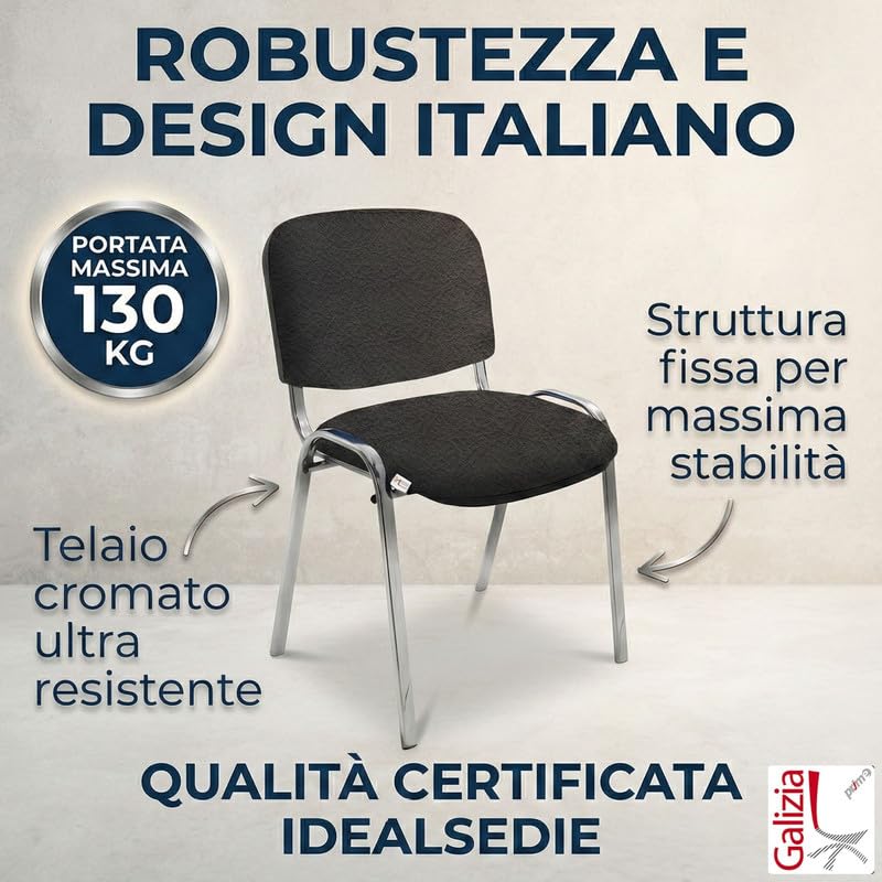 IDEALSEDIE - Sedia Scrivania Senza Rotelle con Telaio Cromato, Sedia Ufficio Senza Ruote Comoda, Impilabile, Sedie per Sala d'Attesa, Sala Riunioni, Conferenze (Finta Pelle, Blu)