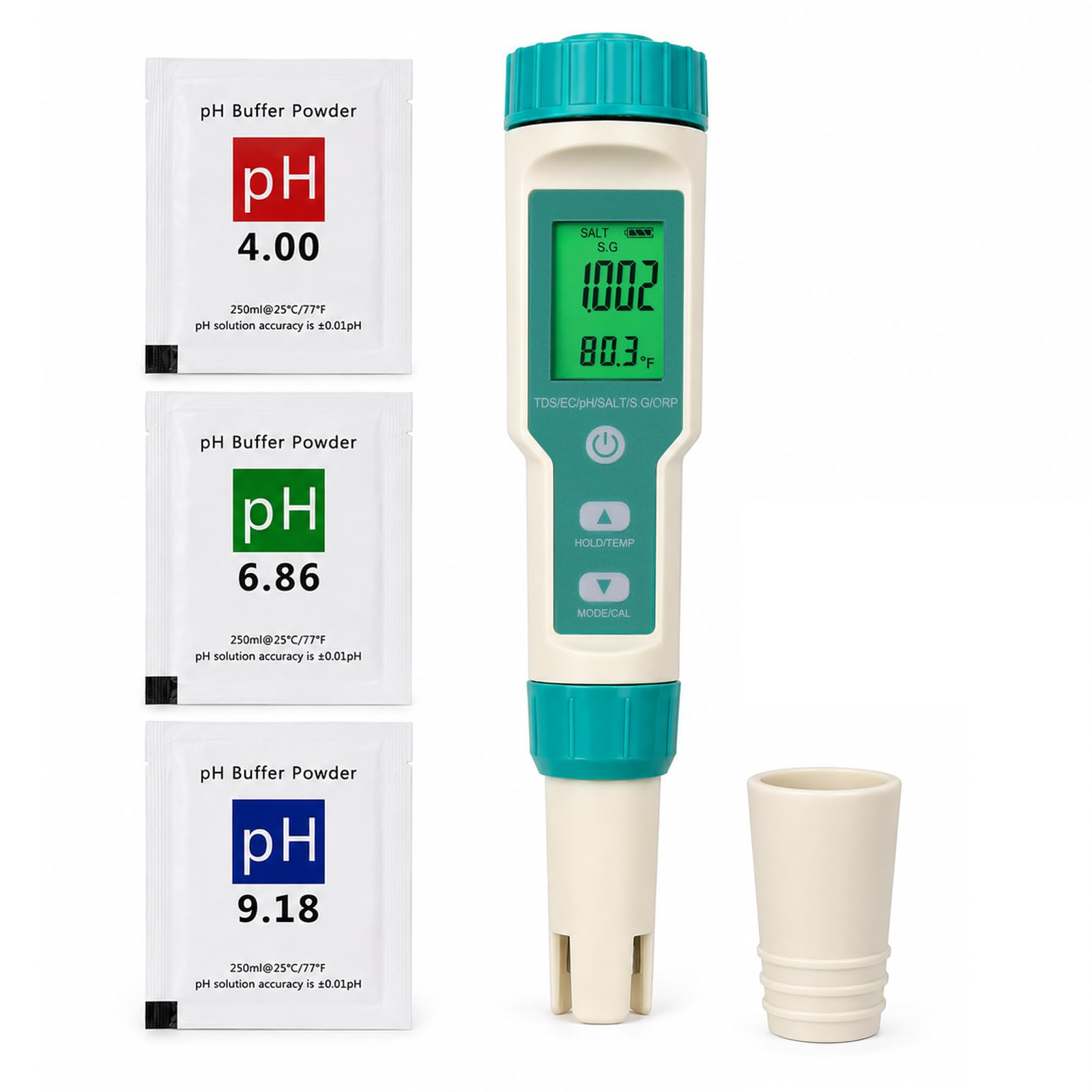 Testeur Eau 7-en-1 pH TDS EC ORP Salinité SG Temp | Étanche IP67, Calibrage Auto, Écran Rétroéclairé, Sonde Remplaçable, ATC, Poudres Calibrage pH Incluses.