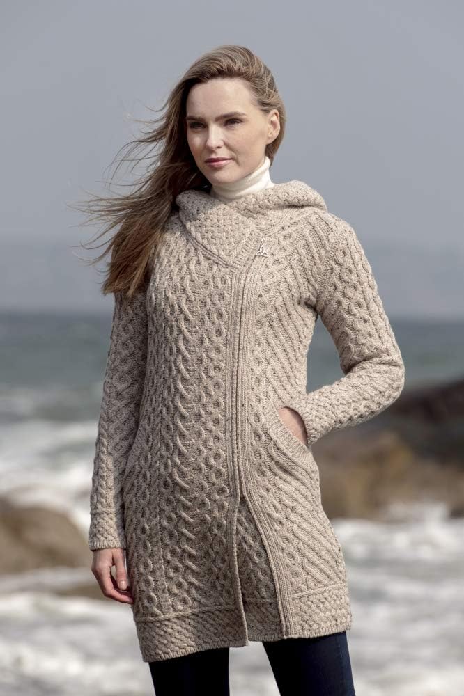 Aran Crafts Women's Cable Knit Long Hooded Side Zip Coat (100% Merino Wool) - Image 2