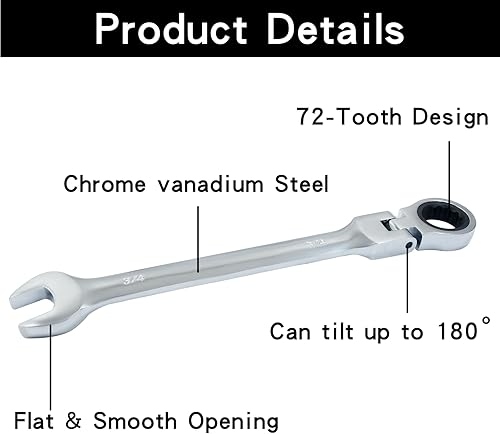 Vista 3 de Murtenze Llave combinada de trinquete de cabeza flexible de 3/4 pulgadas - SAE - 72 dientes - 12 puntos - Llave de engranajes de cabeza flexible