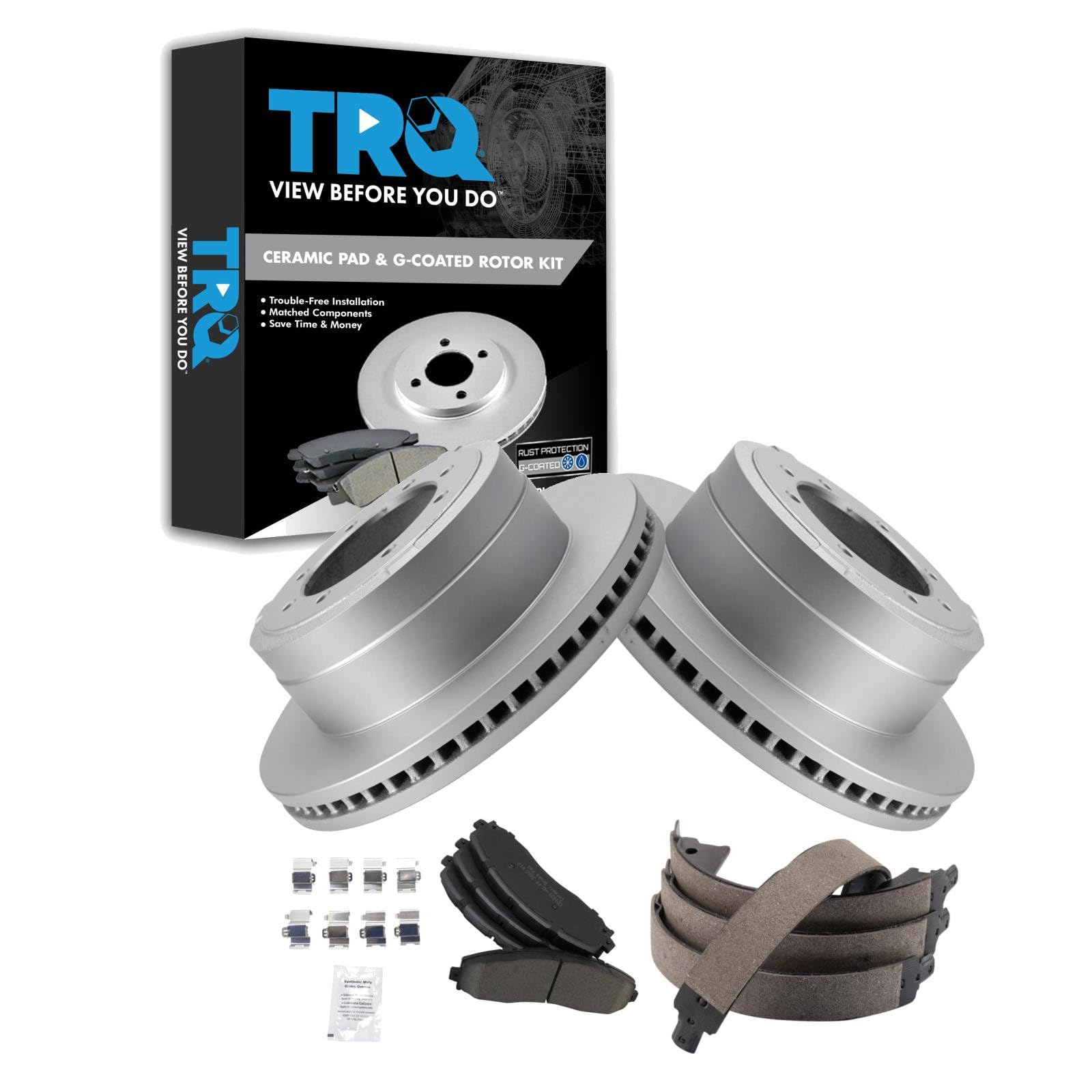 TRQ Rear Brake Pad &amp; Rotor Kit Parking Brake Shoe Set Ceramic Premium G-Coated Compatible with 2013-2019 Ford F-350 Super Duty 2013-2014 F-450 Super Duty