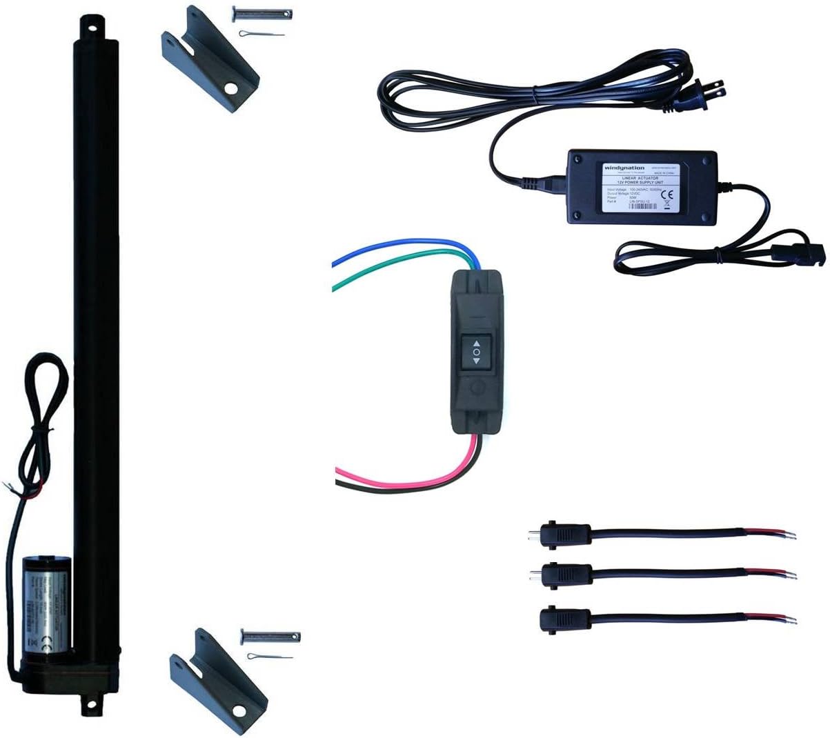 WindyNation 12V Linear Actuator + Power Supply + Up Down DPDT Switch + Mounting Brackets + Connectors (16" Linear Actuator, Maintained Switch)