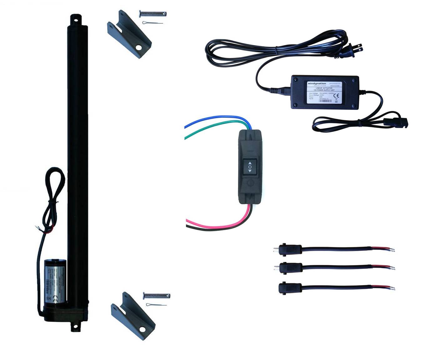 WindyNation 12V Linear Actuator + Power Supply + Up Down DPDT Switch + Mounting Brackets + Connectors (16" Linear Actuator, Maintained Switch)