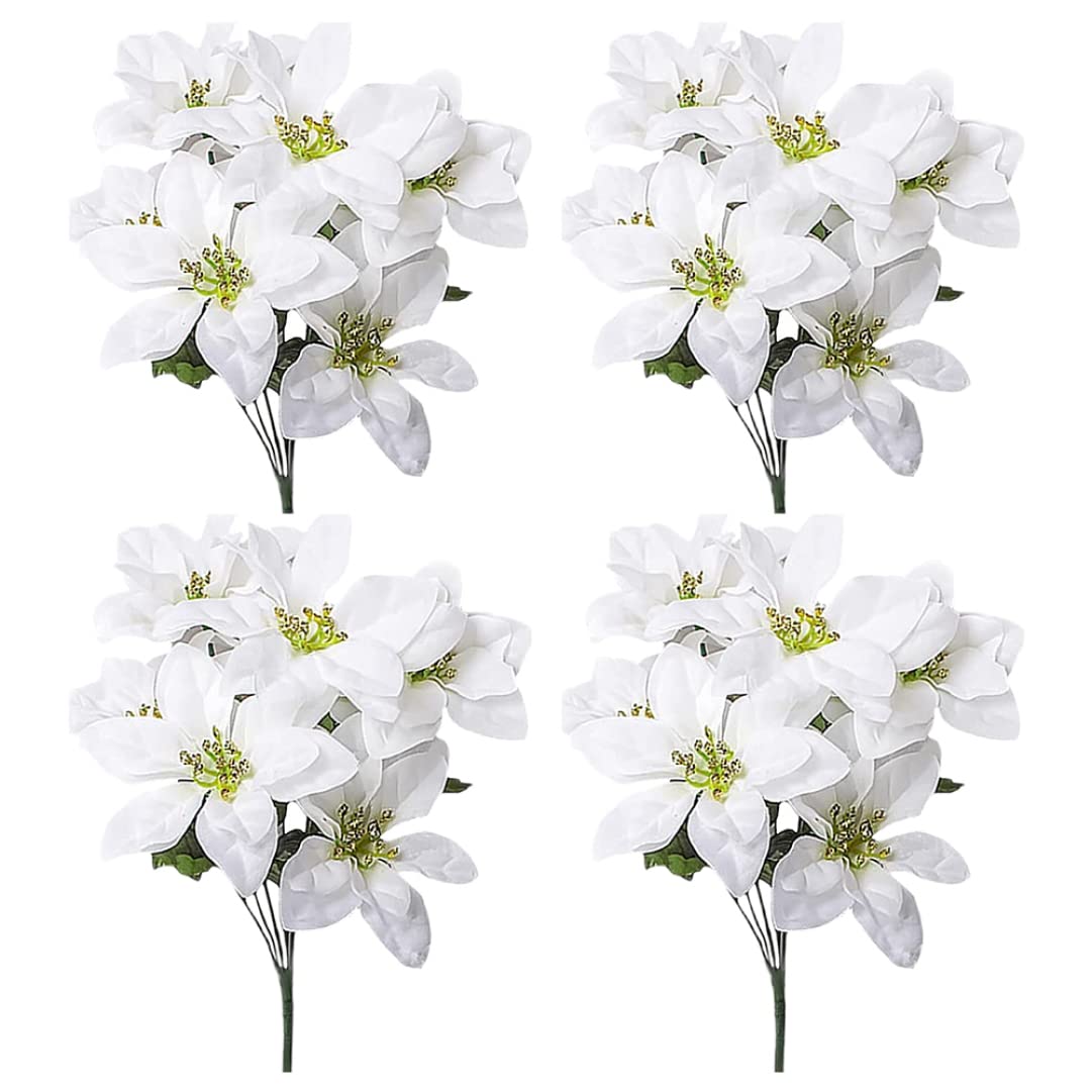 Fkngcp White Artificial Poinsettia Bushes 4 Pack 7 Heads Silk Christmas Flowers Fake Poinsettia Bouquet Artificial Poinsettias Flowers For Xmas Christmas Flower