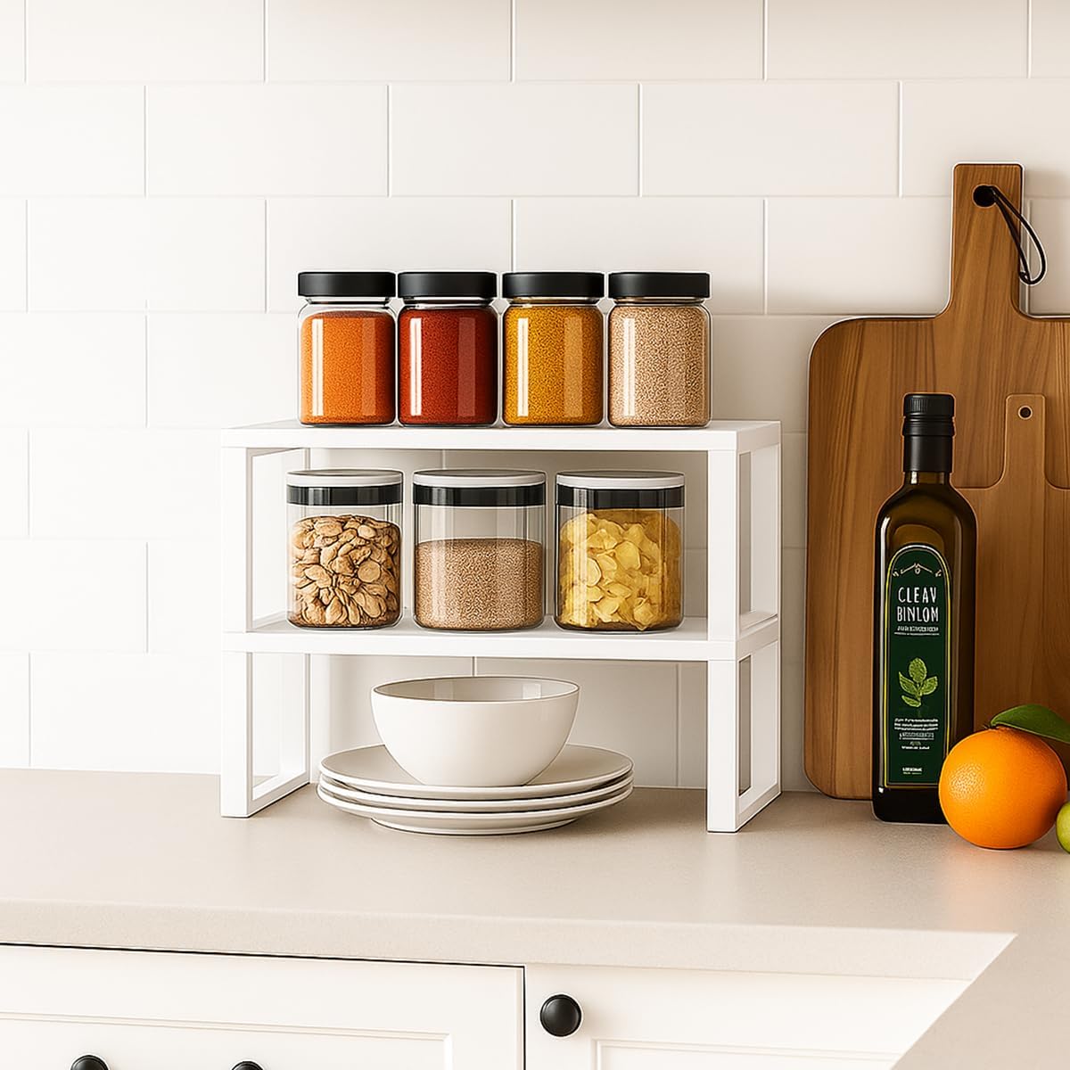 Sben Cabinet Organizer Shelf, Set of 2 Kitchen Counter Shelves, Kitchen Storage, Spice Rack, Stackable, Expandable, Metal and Engineered Wood, White