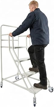 4 Steps Ladder with Wheels, Rolling Industrial Step Ladder, Warehouse Non-Slip Stairs with 3-Sided Guardrail for Supermarkets Libraries, 881lbs Capacity, Cold Rolled Steel, White