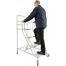 4 Steps Ladder with Wheels, Rolling Industrial Step Ladder, Warehouse Non-Slip Stairs with 3-Sided Guardrail for Supermarkets Libraries, 881lbs Capacity, Cold Rolled Steel, White