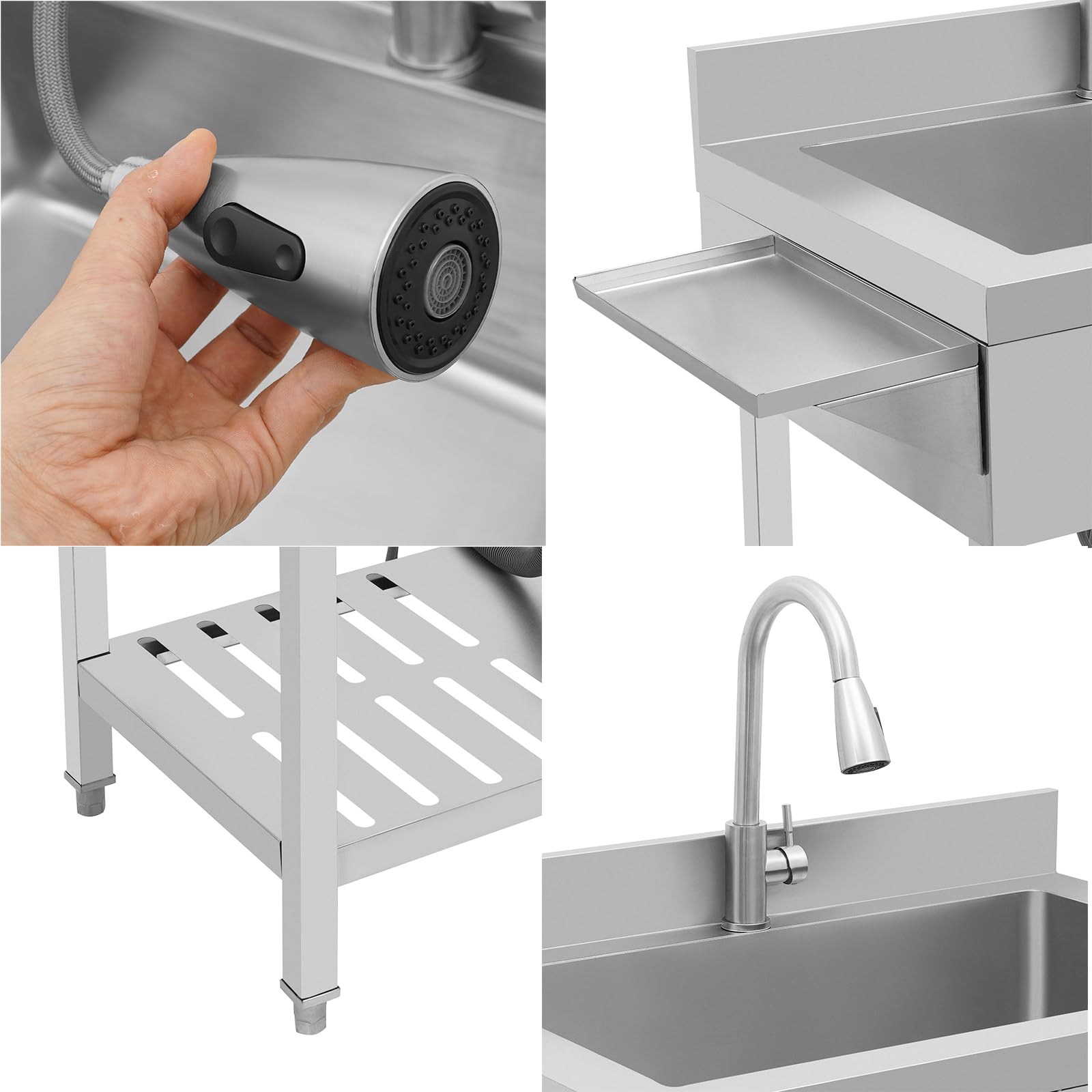 Fregadero de cocina independiente, 90x57x94 cm, acero inoxidable, grifo extraíble, lavabo portátil para catering