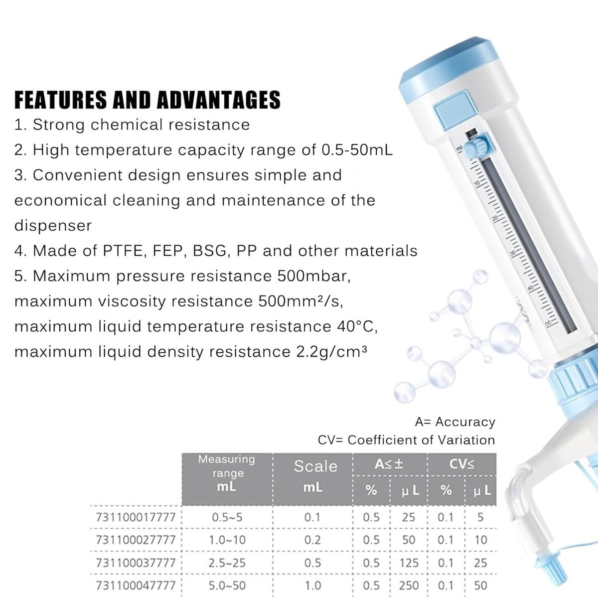 Lab Bottle Top Dispenser, Laboratory Liquid Dispensing Equipment with 5 Sizes Bottle Adapters, Max Pressure Resistance 500mbar and Max Viscosity Resistance 500mm²/s, for Solvents, Liquid(0.5-1ml)