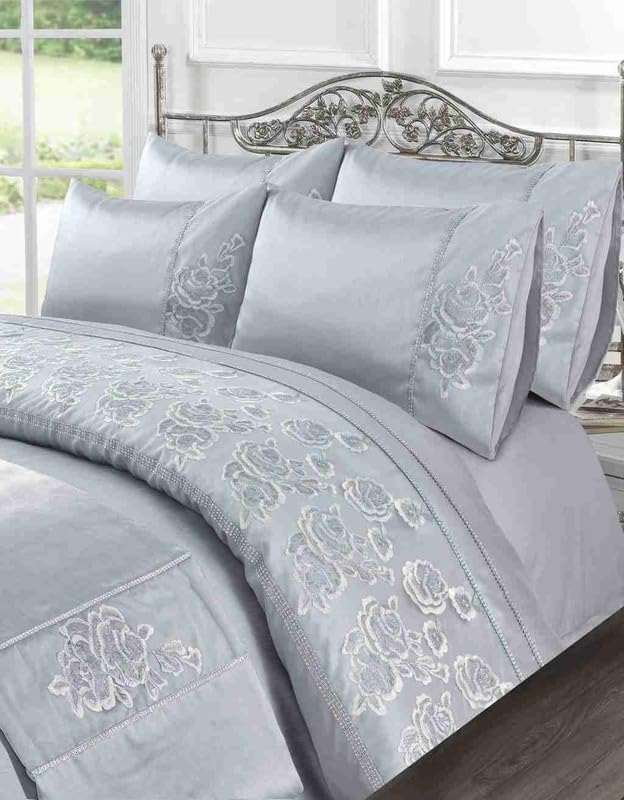 Voice7 Amara Premium Embroidered Single Duvet Cover Set with Pillowcase - Fancy Silver Embroidery Quilt Covers Bedding Sets 135x200cm