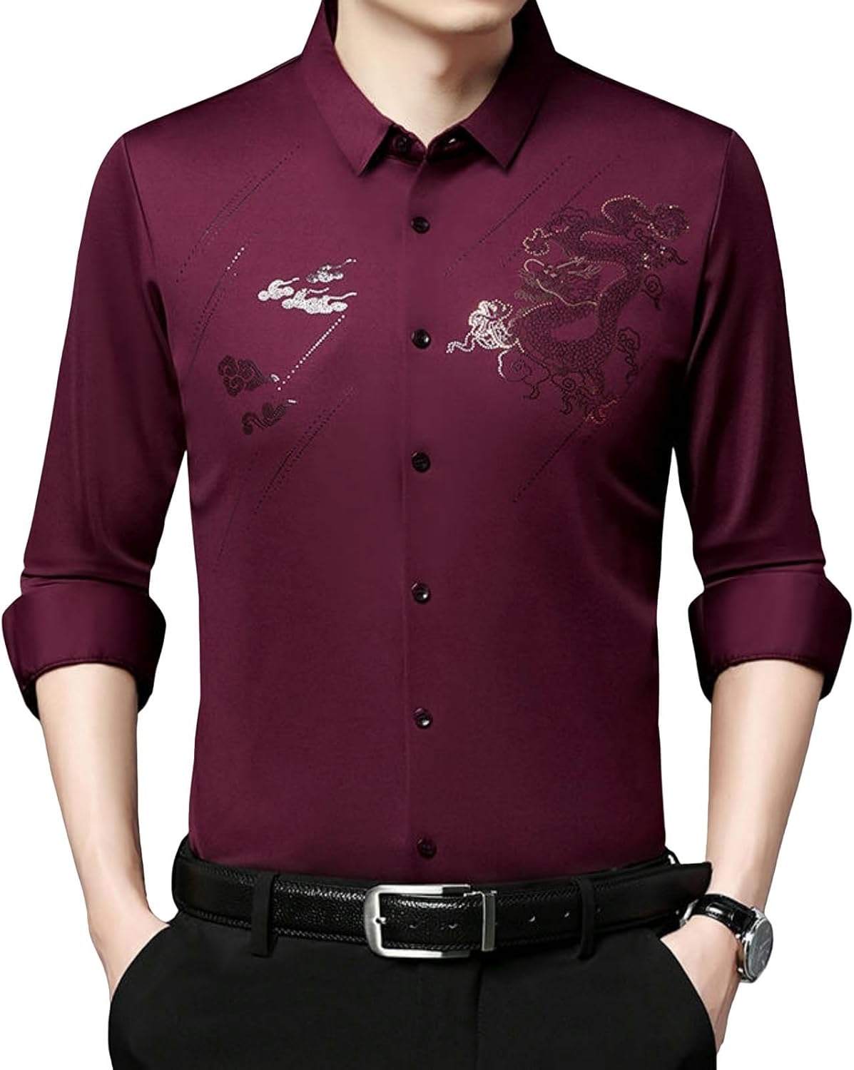 Men's Spring Middle-Aged Thin Seamless Hot Drill Long Sleeve Shirt