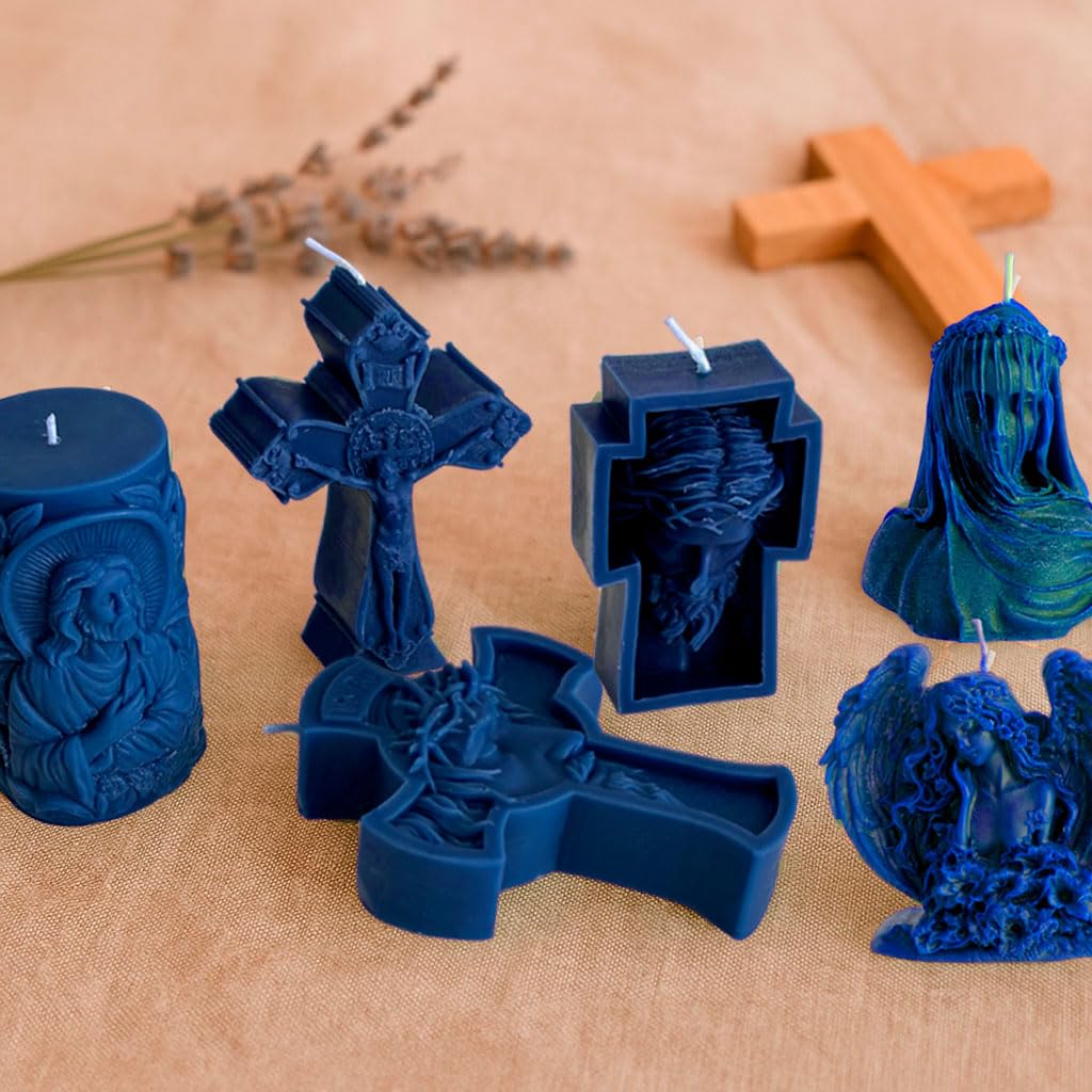 Juego de regalo de velas – 6 velas de cera de abejas hechas a mano, regalo cristiano y espiritual, natural, sin aroma, sostenible y símbolo de fe (azul oscuro)