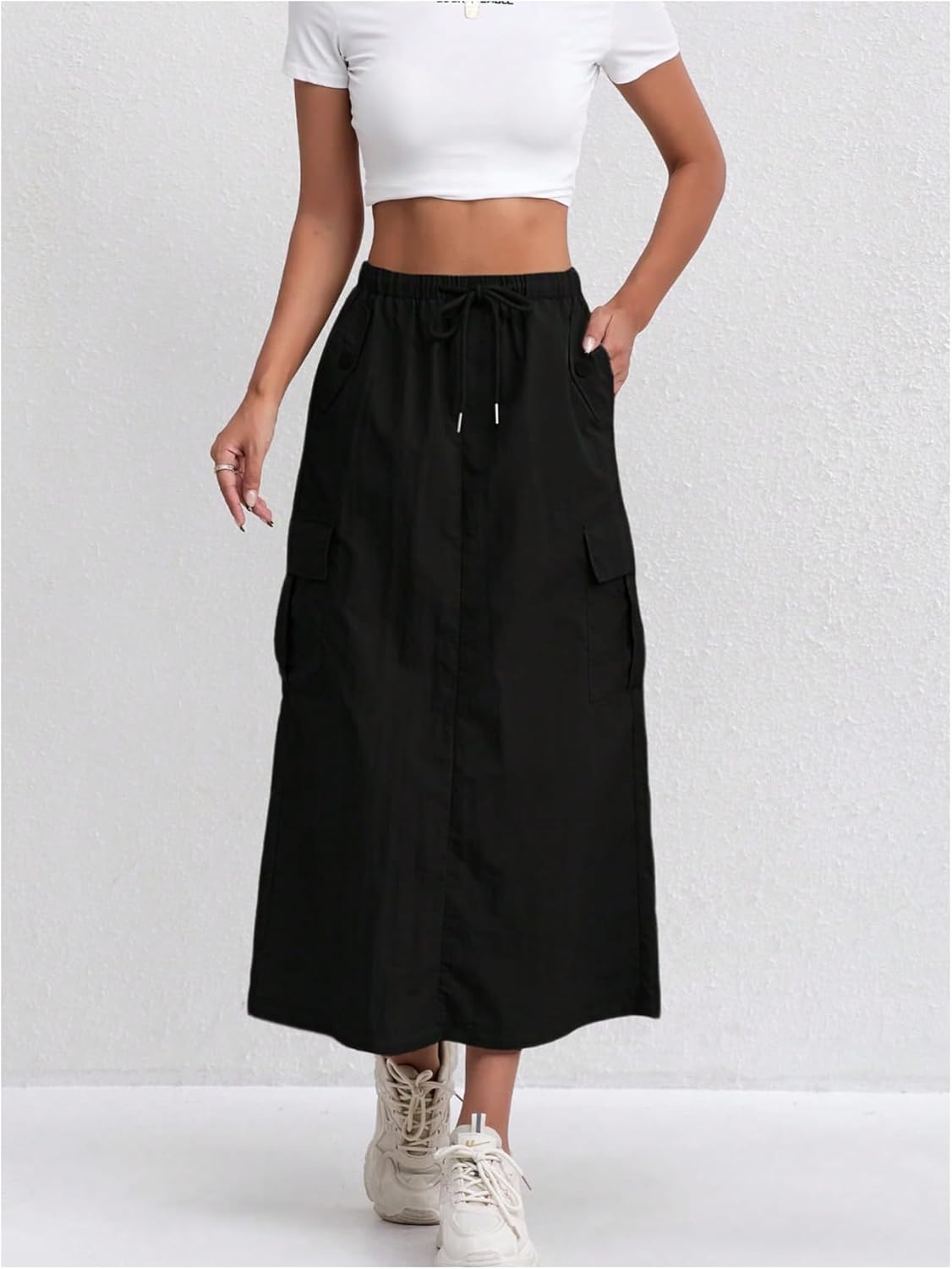 SweatyRocks Women's Y2K Long Cargo Skirt Split Drawstring Waist Casual A Line Skirts with Pockets