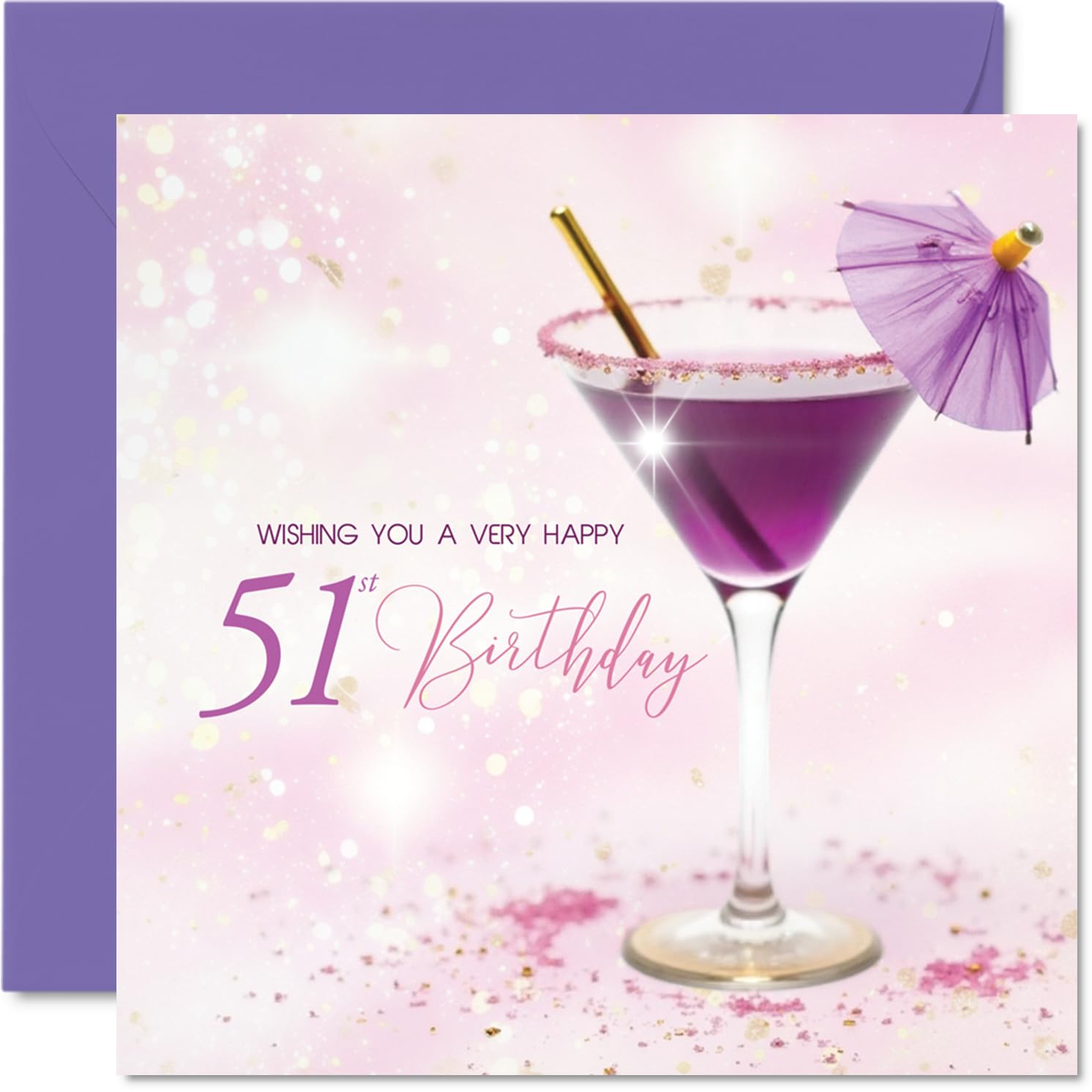 51st Birthday Cards for Women - Purple Cocktail - Happy Birthday Card for 51 Year Old Woman Neighbour Grandma Auntie Friend, 145mm Bday Greeting Cards