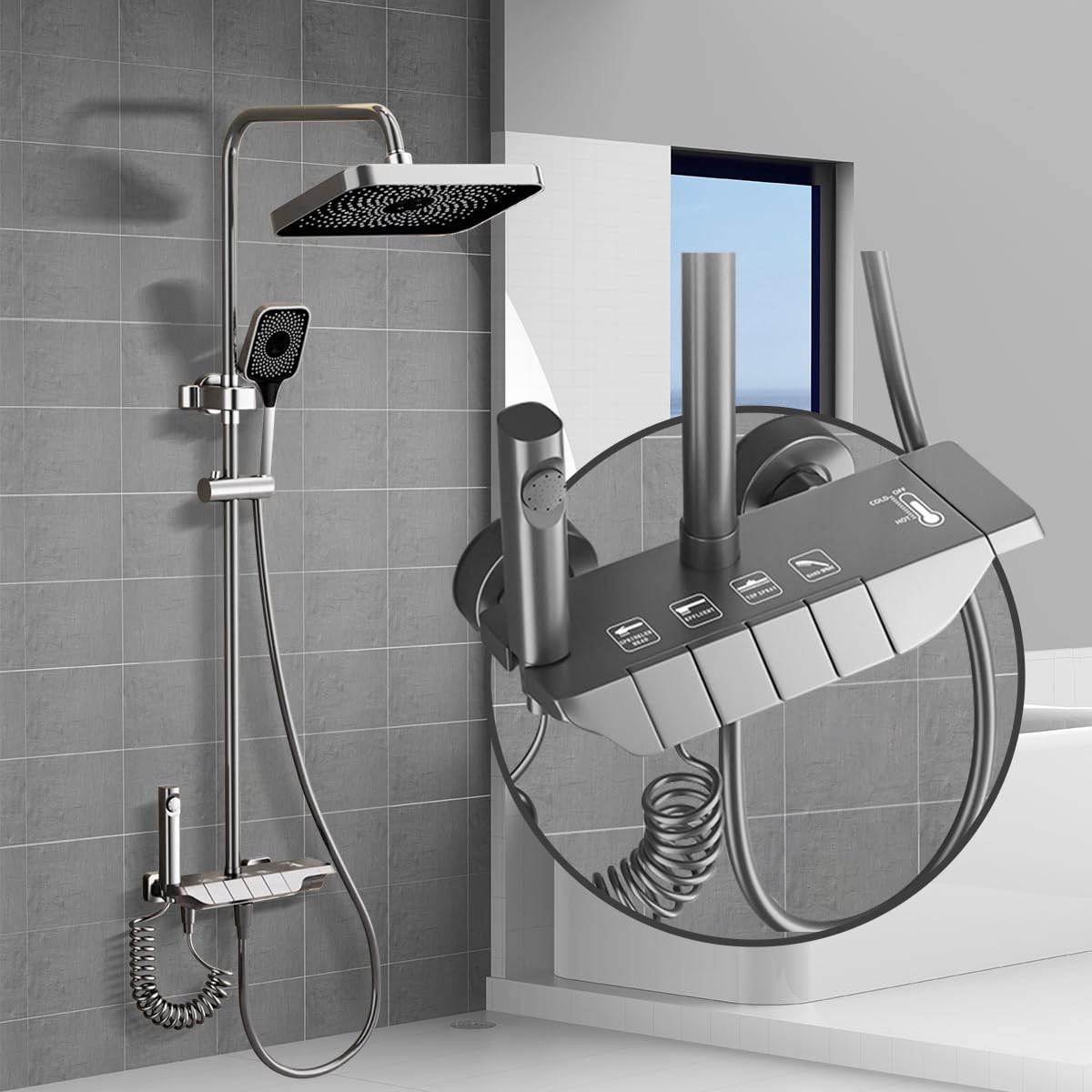 system prysznicowy z termostatem,System prysznicowy z deszczownicą 31x20 cm, prysznicem ręcznym, ukrytą wylewką wanny, regulowaną wysokością i pistoletem natryskowym do łazienki.