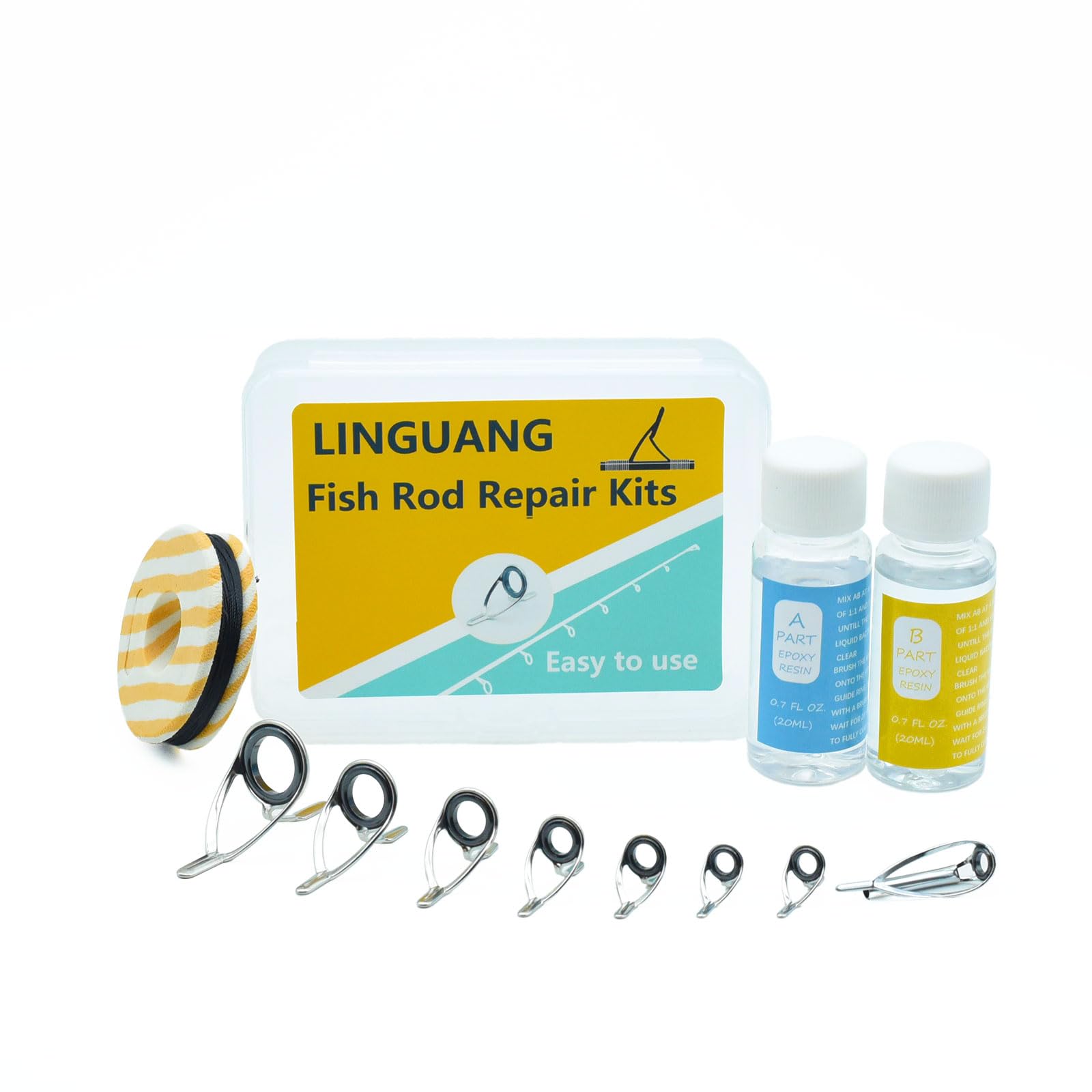 LINGUANG Baitcasting Fising Rod Stainless Steel Guides and Tips Repair Kit Complete,Includes Glue Thread, Brush, Sandpaper (C-KWTSG)