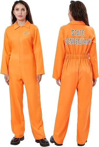 Women Prisoner Costume Long Sleeve Half Zip Orange Full Length Jumpsuit Halloween Cosplay Party Outfits