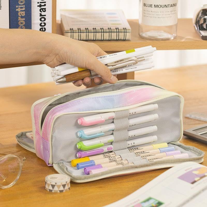 DD RETAILS 3 Compartment Rainbow Special Pencil Pouch || Large Pencil Case with Multiple Compartments || Galaxy Aesthetic Print Pencil Case for Kids & College Students (Pack of 1) (Pink) 2