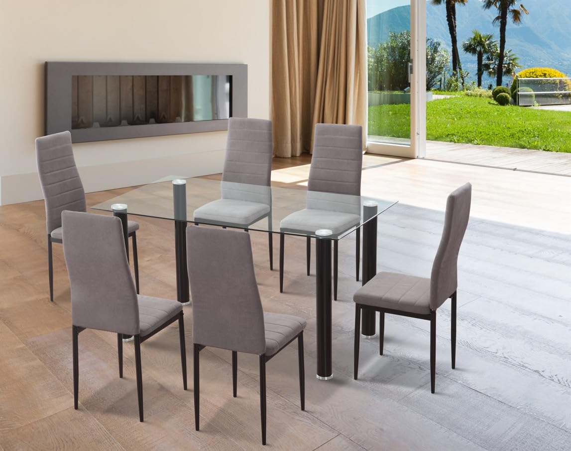 Genérico M1C - Pack 6 Sillas de Comedor Yuri, Respaldo y Asiento tapizado en Tela jarama Color Marengo, Sillas ergonómicas (Patas Color Negro)