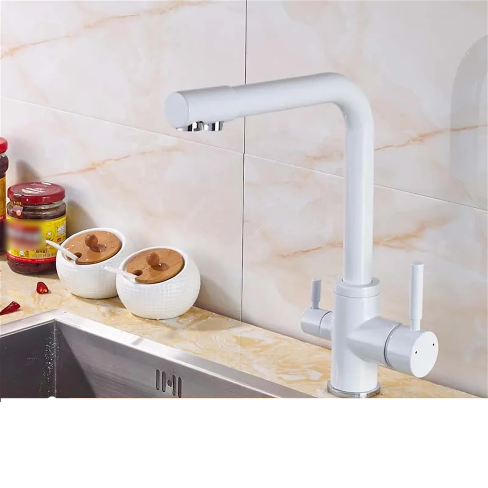 Kitchen Faucet,Chrome Plated Brass Kitchen Faucet with Purified Water, Faucet with Water Filter, Deck Mounted, Double Handles, hot and Cold faucets, Gold Faucet (White Faucet A)