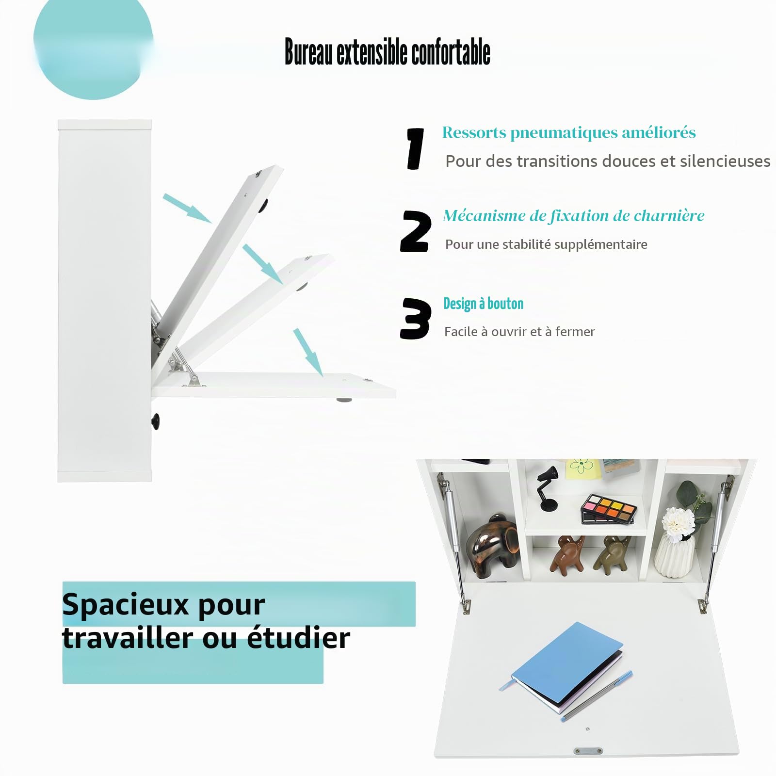 FANTASK Bureau d'ordinateur Pliable avec Compartiments de Rangement et tiroir, Table Murale Pliante pour Bureau à Domicile et Petites pièces, Blanc