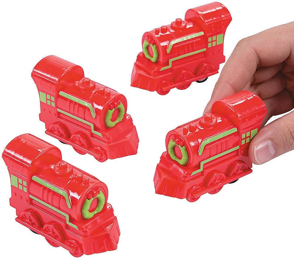 Fun Express Christmas Train Pullback Racer Toys – Holiday-Themed Pullback Cars for Kids – Stocking Stuffers Party Favors or Classroom Rewards – Fun Engaging for Boys Girls Assorted Colors – 12 Pieces