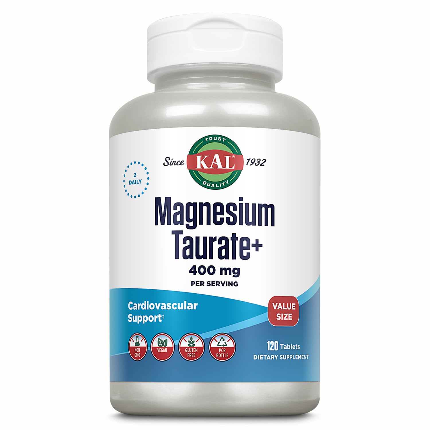 KAL Magnesium Taurate 400mg Plus Vitamin B6, Chelated Magnesium Supplement, High Absorption Magnesium Complex, Muscle and Heart Health Support, Vegan, Gluten Free, 60-Day Guarantee, 60 Serv, 120 Tabs 120 Count (Pack of 1)