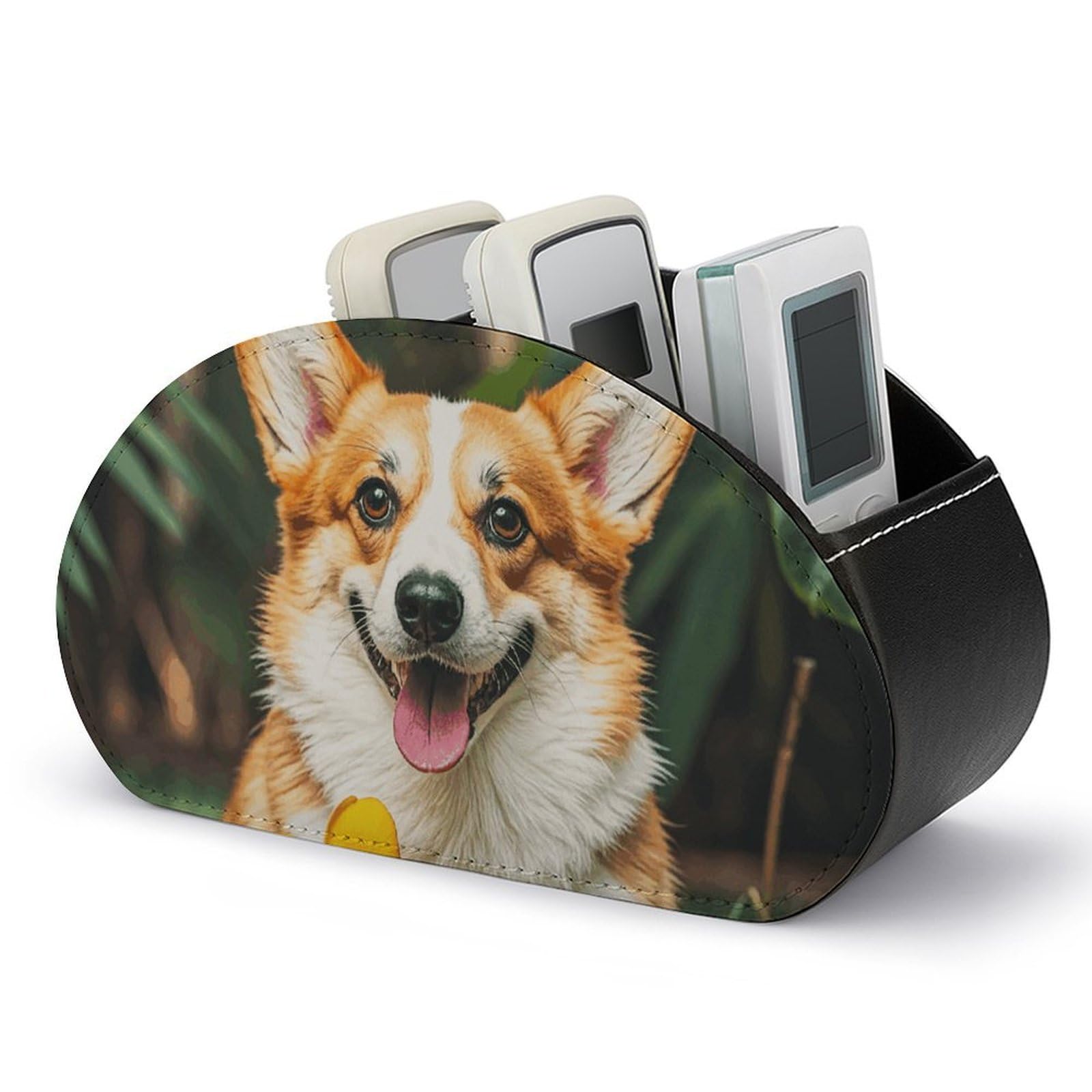 DWVTSLH Tropical Flower And Corgi Remote Control Holder with 5 Compartments - PU Leather TV Remote Holder Remote Caddy Desktop Organizer Makeup Brush Holder, Remote Storage Box for Home Office