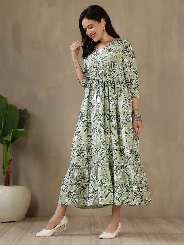 Image of Daevish Women's New Rayon Printed Tie-up Waist V Neck Flared Maxi Dress | Women Flared Dress