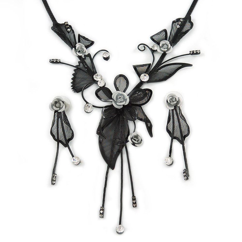Juego de collar en Y y pendientes Avalaya de metal negro y gotas plateadas de 38 cm 8