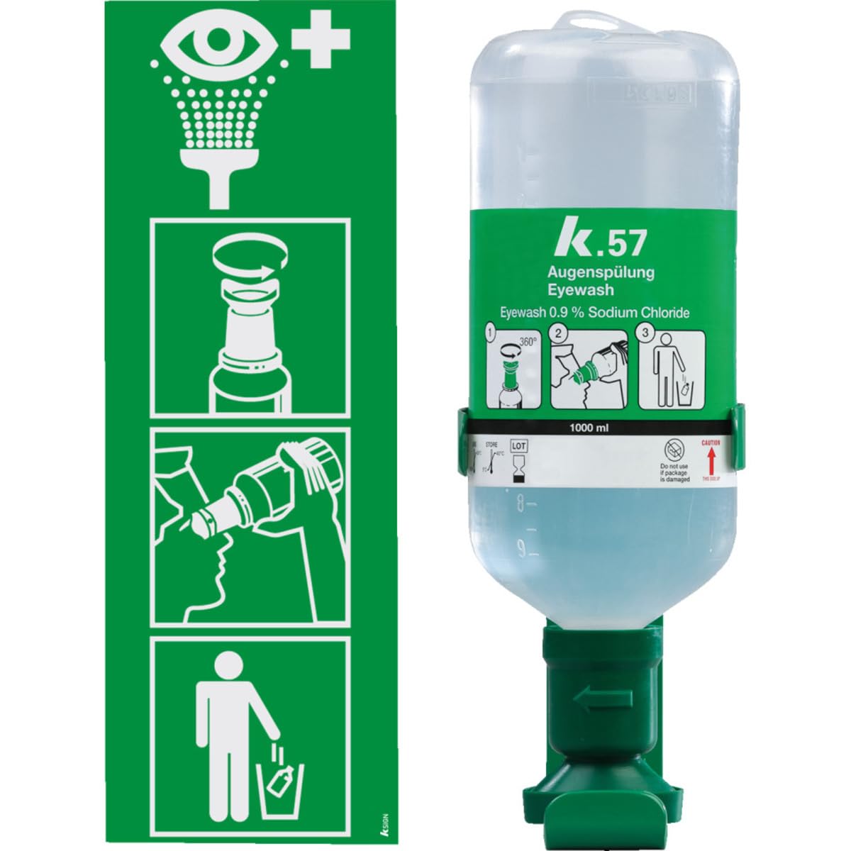 K.57 Augenspülstation, zur Wandmontage, mit 1x 1x1000ml/Flasche, Einzelhalterung, sterile Kochsalzlösung, Wandmontage