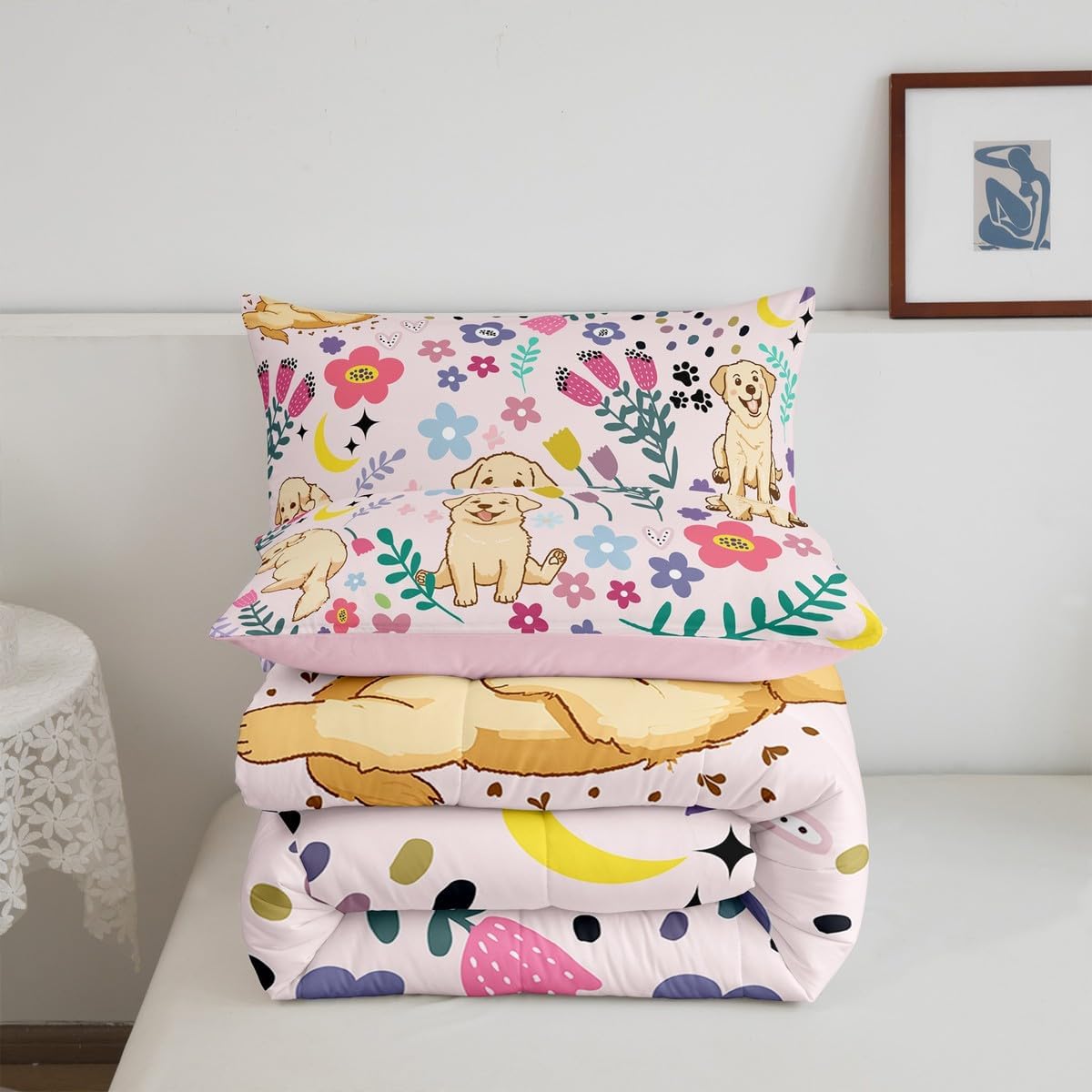 Erosebridal Floral Dog Comforter for Boys Girls Queen Pink Dog Bedding Set Cartoon Animal Comforter Sets,Cute Botanical Golden Retriever Puppy Bed Sets with 2 Pillowcases Soft