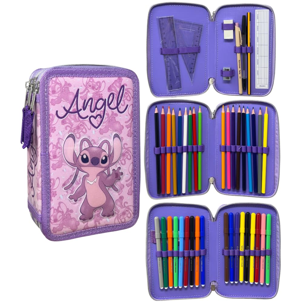CARTOON Astuccio 3 zip Angel Disney Stitch per la scuola completo 44 pezzi di cancelleria penna Papermate pennarelli giotto accessorio per bambine e ragazze