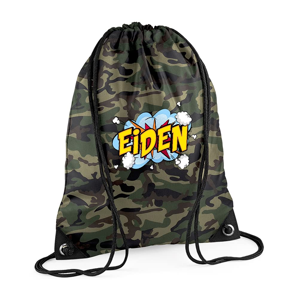 Personalised with Any Name Comic Pop Art Themed Gift for Children, Kids, Girls/Boys, Back to School, Premium Drawstring Bag, PE Gym Kit School, Swimming, PE Kids Sport Rucksack. (Jungle Camo)