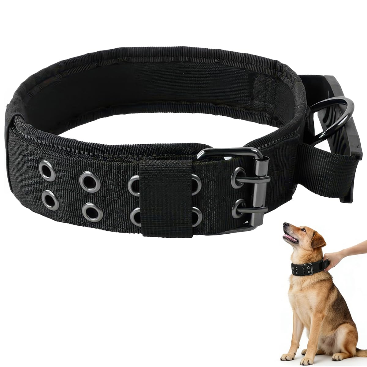 Collar Táctico Perro,4,5cm de Ancho Collar para Perros Grandes, Ajustable,Collares Perros Grandes para Perro Grande y Medianos,Prevención de Tirones,con Bandas Reflectantes (Negro, XL)