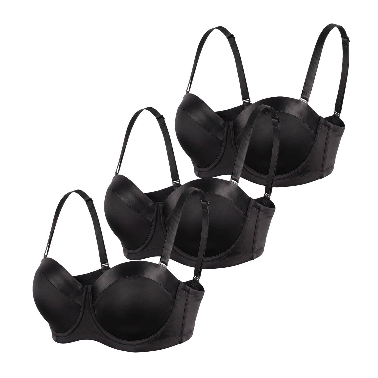 Lot De 3 Soutien Gorge avec Armature Femme Lingerie Sexy Push Up Grand Maintien Invisible Brassière Satin Couleur Chair Noir Rouge Grande Taille