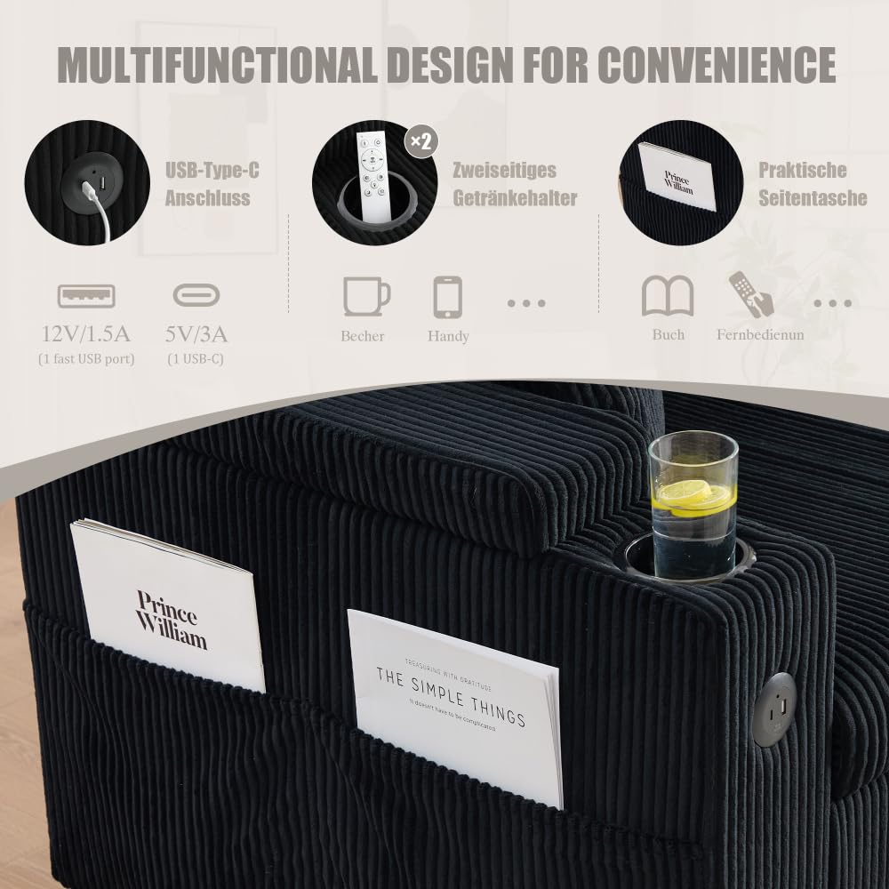 Lubvtti Divano letto 3 posti con portabicchieri,porte USB,contenitore integrato, divano 3 posti moderno in velluto a coste,divano angolare a L con chaise longue (Nero + 3 posti)