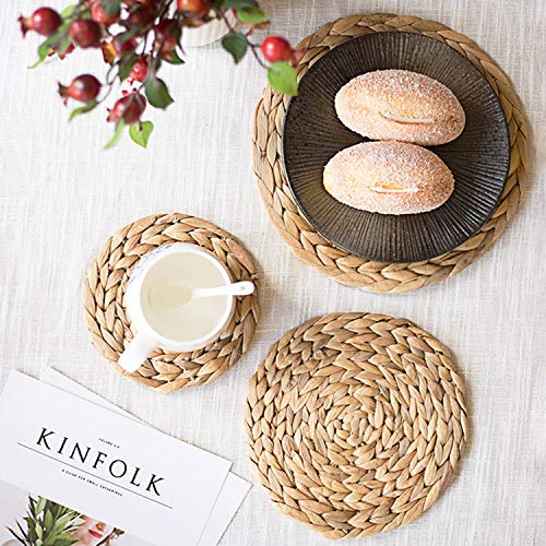 6 Pack Woven Placemats,Natural Water Hyacinth Weave Placemat Round Braided Rattan Tablemats 13.8” - Thumbnail 7